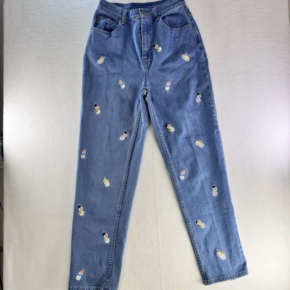 Quacker Factory High Rise Jeans Embroidered Snowmen Womens Size 6